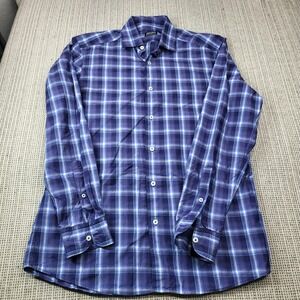 Zegna Dress Shirt Mens M Blue Plaid Regular Fit Long Sleeve Cotton Business